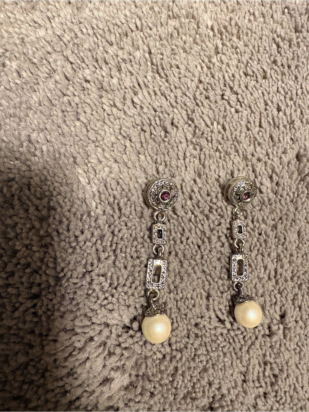 Silver Pearl Drop Dangle Earrings with Pink Crystal Accents